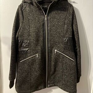 Women’s Black Charcoal Zip-Up Pea Coat with Quilted Trim